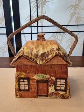 40s Price Bros Cottage Ware Biscuit Jar England Thatched Roof House w Handle